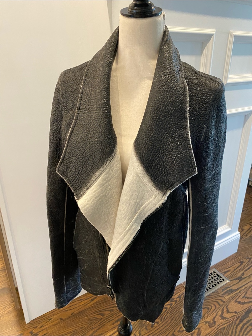 Black Leather Jacket with Cream Shawl-Lapel Draped Front